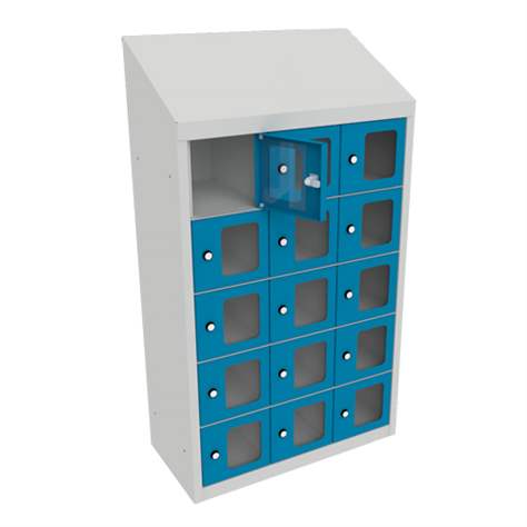 Minibox, 10 Fächer mit Sichtfenster, Gesamtmaße (HxBxT): 1090x430x300 mm, Korpusfarbe Lichtgrau RAL7035/ Türfarbe Blau RAL5012 - Malow - Bild3