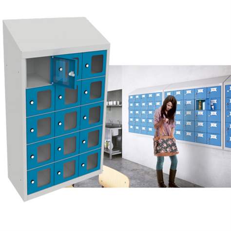 Minibox, 15 Fächer mit Sichtfenster, Gesamtmaße (HxBxT): 1090x620x300 mm, Korpusfarbe Lichtgrau RAL7035/ Türfarbe Blau RAL5012 - Malow