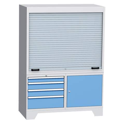 Dulap metalic multifunțional - stație de control verificare cu rulou aluminiu, lxLxH:1440x700x2010mm, 4 sertare, 1 dulap, gri RAL7035/albastru RAL5012 - Kovos Verneřice