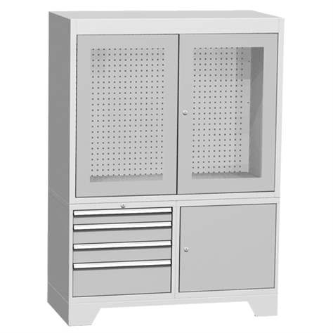 Dulap metalic multifunțional - stație de control cu uși batante cu sticlă, lxLxH: 1440x700x2010 mm, 4x sertare, 1x dulap, gri RAL7035 - Kovos Verneřice