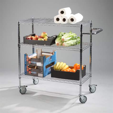 Servierwagen, verchromt, hygienisch, 3 Fachböden, HxBxL: 1010x460x920 mm, Traglast 200 kg