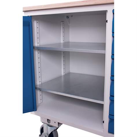 Cărucior de atelier - cărucior de scule, cap. port. 250 kg, platformă de încărcare 985 x 590 mm, 2 dulapuri cu polițe, culoare gri RAL7035 /placă gri - Cordes - imagine2