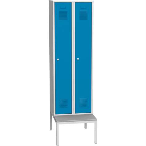 Garderobenschrank, geschweißt, 2 x 300 mm, Türfarbe blau RAL5012, mit untergebauter Sitzbank - Kovos Verneřice