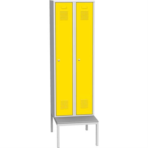 Dulap metalic pentru vestiar, sudat, 2 x 300 mm, uși galbene RAL1023, cu soclu tip bancă - Kovos Verneřice
