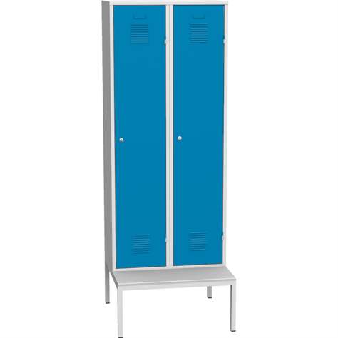 Garderobenschrank, geschweißt, 2 x 400 mm, Türfarbe blau RAL5012, mit untergebauter Sitzbank - Kovos Verneřice