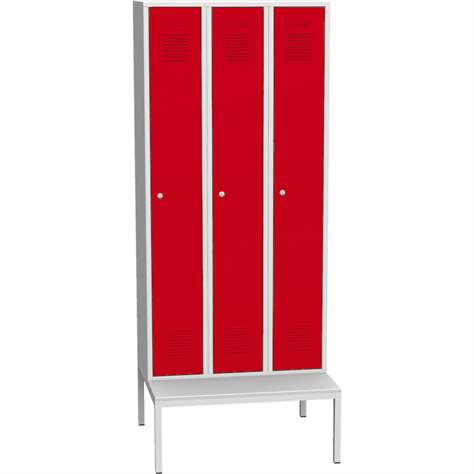 Garderobenschrank, geschweißt, 3 x 300 mm, Türfarbe rot RAL3000, mit untergebauter Sitzbank - Kovos Verneřice