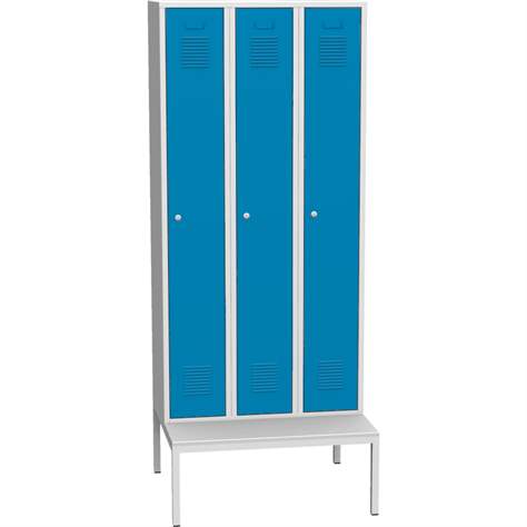 Garderobenschrank, geschweißt, 3 x 300 mm, Türfarbe blau RAL5012, mit untergebauter Sitzbank - Kovos Verneřice