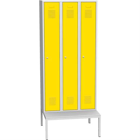 Garderobenschrank, geschweißt, 3 x 300 mm, Türfarbe gelb RAL1023, mit untergebauter Sitzbank - Kovos Verneřice