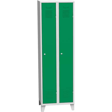 Garderobenschrank, geschweißt, 2 x 300 mm, Türfarbe grün RAL6024, mit Stollenfüßen - Kovos Verneřice