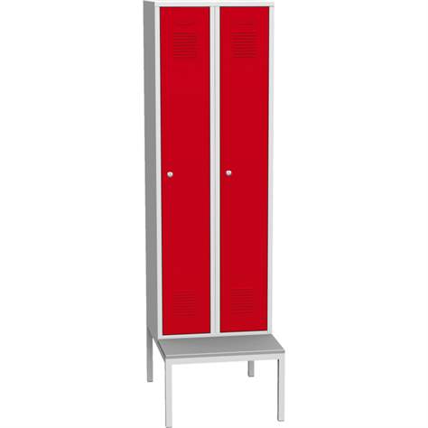 Dulap metalic pentru vestiar, sudat, 2 x 300 mm, uși roșii RAL3000, cu soclu tip bancă - Kovos Verneřice