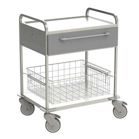 Edelstahl-Tischwagen, 2 Fachböden, 1 Drahtkörbe, 1 Schublade in Farbe grau, HxLxB: 920x760x560 mm