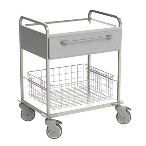 Cărucior cu polițe și sertare din oțel inoxidabil, 2 polițe, 1 coșuri de sârmă, 1 sertar in culoare albă, HxLxl: 920x760x560 mm