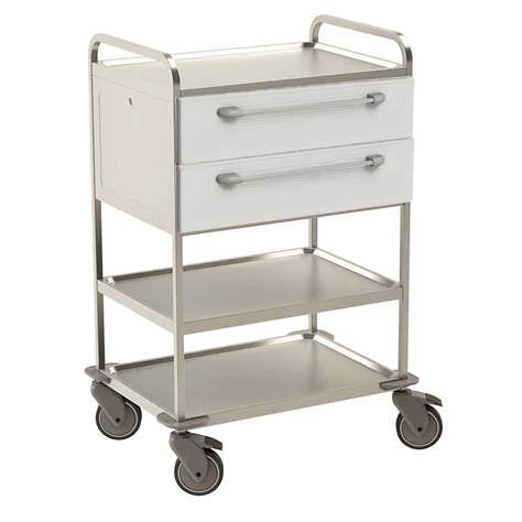 Edelstahl-Tischwagen, 3 Fachböden, 2 Schubladen in Farbe weiß, HxLxB: 1120x760x560 mm