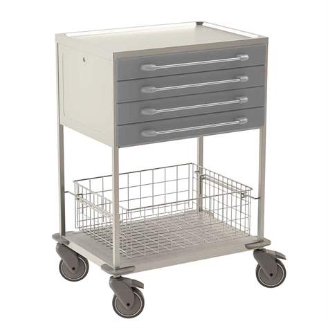 Edelstahl-Tischwagen, 2 Fachböden, 1 Drahtkörbe, 4 Schubladen in Farbe grau, HxLxB: 1040x760x560 mm