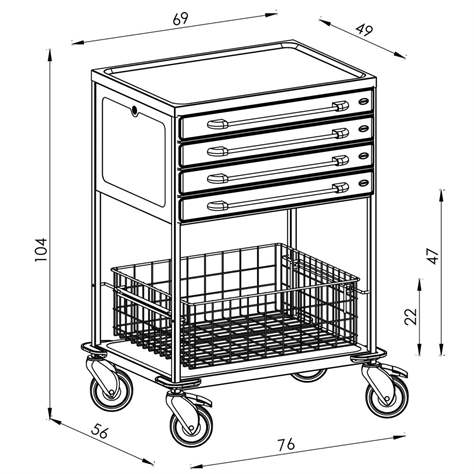 Edelstahl-Tischwagen, 2 Fachböden, 1 Drahtkörbe, 4 Schubladen in Farbe weiß, HxLxB: 1040x760x560 mm - Bild2