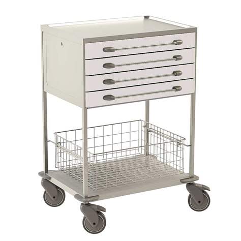 Edelstahl-Tischwagen, 2 Fachböden, 1 Drahtkörbe, 4 Schubladen in Farbe weiß, HxLxB: 1040x760x560 mm