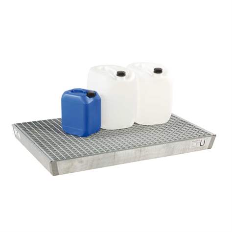 Stahl-Kleingebinde-Palettenwanne mit Zulassung, verzinkt, mit Gitterrost, Auffangvolumen 60l, 1200x600 mm