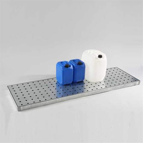 Auffangwanne für Kleingebinde, mit Zulassung, verzinkt, mit Lochblechrost, Auffangvolumen 60l, 1850 x 600 mm