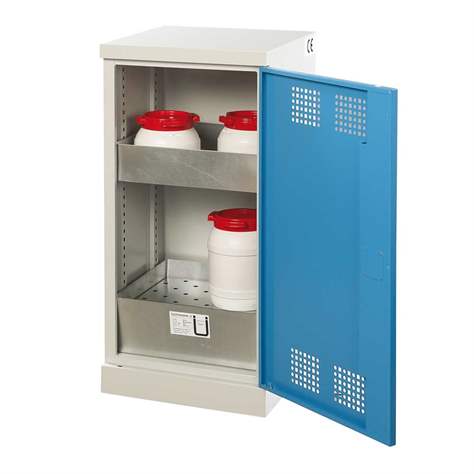 Skříň pro chemikálie, jednodvéřová, spodní záchytná vana + 1 vanová police, š x h x v: 500x500x1000 mm, dveře modré RAL5012