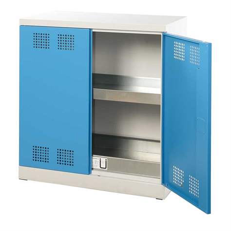 Skříň pro chemikálie, dvoudvéřová, spodní záchytná vana + 1 vanová police, š x h x v: 950x500x1000 mm, dveře modré RAL5012