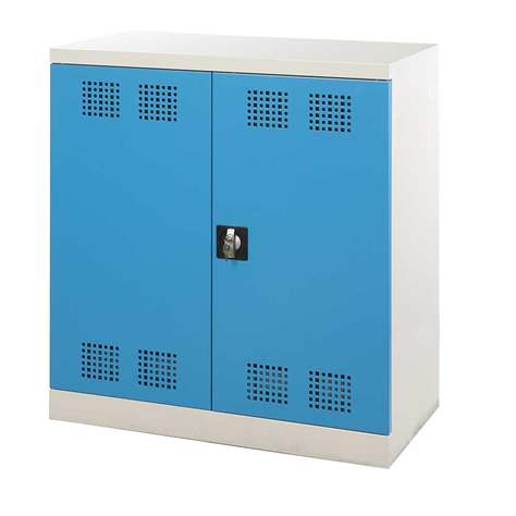 Skříň pro chemikálie, dvoudvéřová, spodní záchytná vana + 1 vanová police, š x h x v: 950x500x1000 mm, dveře modré RAL5012 - obrázek2