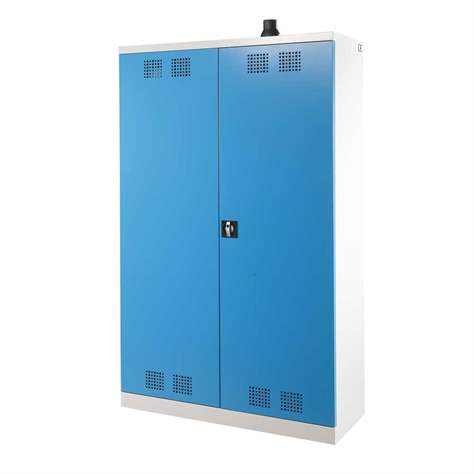 Skříň pro chemikálie, dvoudvéřová, spodní záchytná vana + 3 vanové police, š x h x v: 950x500x1950 mm,dveře modré RAL5012 - obrázek2