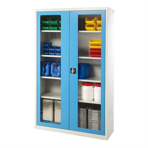 Dulap metalic de atelier cu ferestre transparente - department steel furniture, HxLxl: 1950x950x400 mm, 4 polițe, culoare gri RAL7035/albastru RAL5012 - Kovona Lysa nad Labem - imagine2