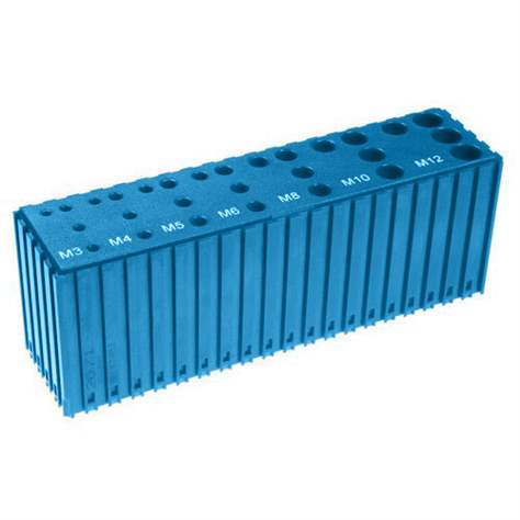 Kunststoff-Box zum Ablegen von Gewindebohrern M3-M12, Modul 20x5, Farbe blau.