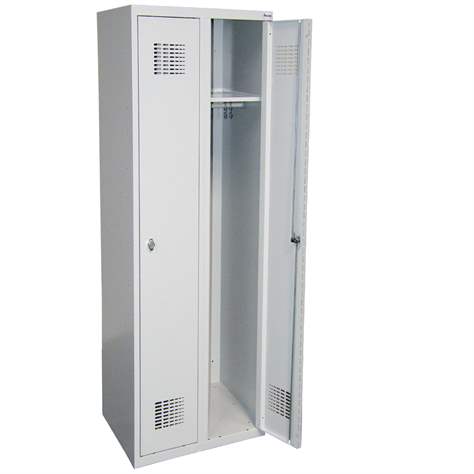 Vestiar dulap metalic pentru haine WEMO, sudat, 2 x 300 mm, uși gri RAL7035, fără picioare, încuietoare tip zăvor rotativ cu blocare în 3 puncte - Malow