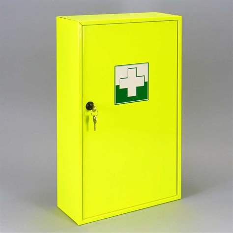 Erste-Hilfe-Wandschrank, aus Metall, mit Schloss, fluoreszierende Farbe, ohne Inhalt