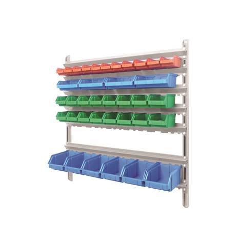 Wandregal inkl. Sichtlagerboxen TechBox, grau Konstruktion, B x H: 935x1000 mm, Anzahl Boxen: 37 Stk.