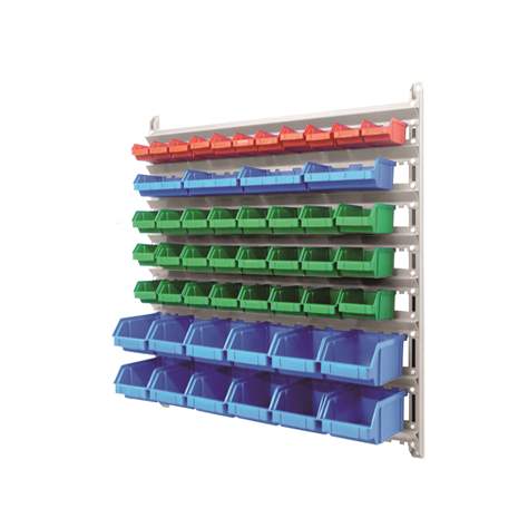 Wandregal inkl. Sichtlagerboxen TechBox, grau Konstruktion, B x H: 935x1000 mm, Anzahl Boxen: 51 Stk.