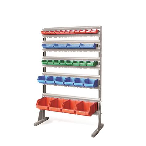 Regál se zásobníky TechBox, šedá konstrukce, š x v: 940x1540 mm, jednostranný, počet boxů: 33 ks.