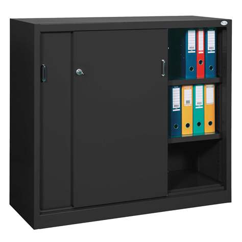 Kovová skříň s posuvnými dveřmi, v x š x h: 1040 x 1000 x 435 mm, barva černá RAL9005 / černá RAL9005 - Malow