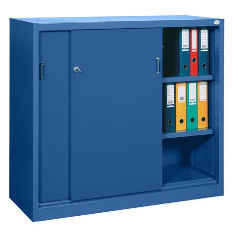 Dulap metalic cu polițe și uși glisante - office steel furniture, HxLxl: 1040 x 1200 x 435 mm, culoare albastră RAL 5010 - Malow
