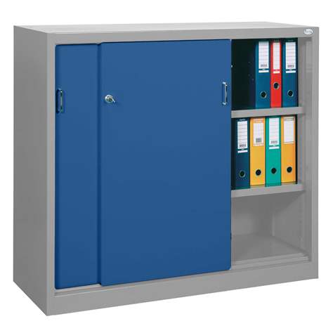 Dulap metalic cu polițe și uși glisante - office steel furniture, HxLxl: 1040 x 1200 x 435 mm, culoare gri deschis RAL 7035 / albastru RAL5010 - Malow