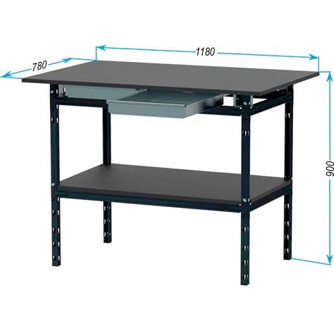 Lehký montážní stůl 1180x780 mm, se sklopnou pracovní deskou, zásuvkou a odkládací polici, barva antracit - obrázek2