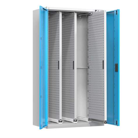 Werkstattschrank mit 3 ausziehbaren Lochplatten, HxBxT: 1950x1044x655 mm, Lichtgrau RAL7035/Türfarbe Blau RAL5012 - Polak CZ, s.r.o.