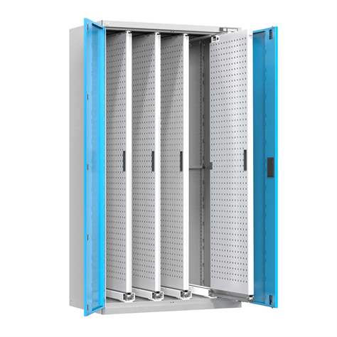Werkstattschrank mit 4 ausziehbaren Lochplatten, HxBxT: 1950x1044x655 mm, Lichtgrau RAL7035/Türfarbe Blau RAL5012 - Polak CZ, s.r.o.