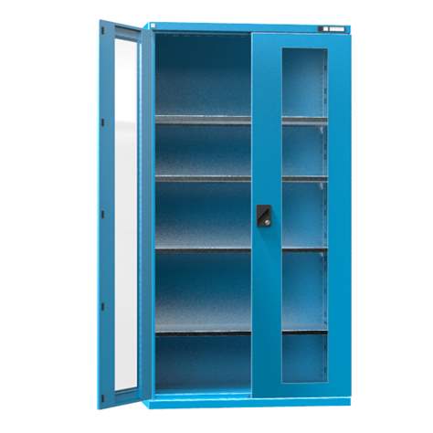 Dulap metalic de atelier cu uși batante cu fereastră transparentă, HxLxl: 1950x1044x655 mm, 4 x polițe 100 kg, albastru RAL5012 - Polak CZ, s.r.o.