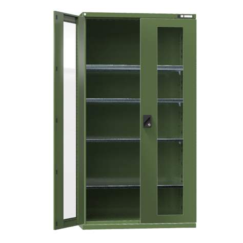 Werkstatt-Schrank, HxBxT: 1950 x 1044 x 655 mm, Flügeltüren mit Sichtfenster, 4 x Fachböden 100 kg, Farbe Grün RAL6011 - Polak CZ, s.r.o.
