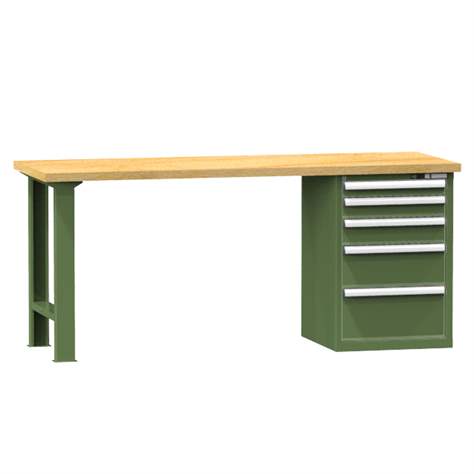 Banc de atelier KOMBI, lxLxH: 1500x700x880, 1 modul dulap atașabil sub banc, 5 sertare, verde RAL6011 - Polak CZ, s.r.o.