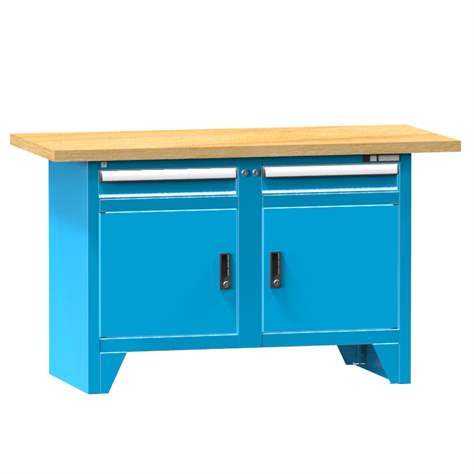 Werkbank, Buchen-Multiplex-Arbeitsplatte 1500 x 700 mm, 2 x Schubladen, 2 x Schränke, Farbe blau RAL5012 - Polak CZ, s.r.o.