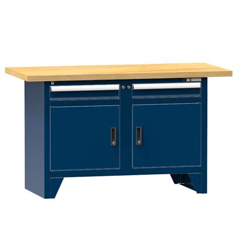 Werkbank, Buche Massiv-Arbeitsplatte 1500 x 700 mm, 2 x Schubladen, 2 x Schränke, Farbe dunkelblau RAL5010 - Polak CZ, s.r.o.