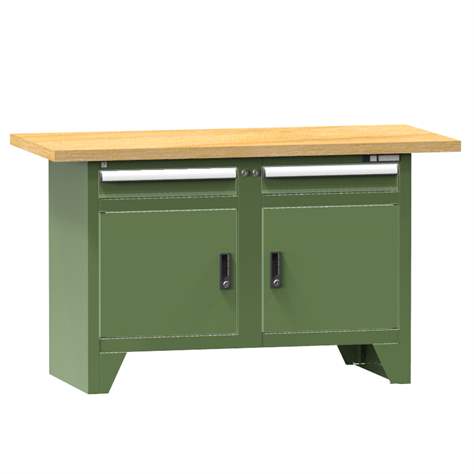 Werkbank, Buchen-Multiplex-Arbeitsplatte 1500 x 700 mm, 2 x Schubladen, 2 x Schränke, Farbe grün RAL6011 - Polak CZ, s.r.o.