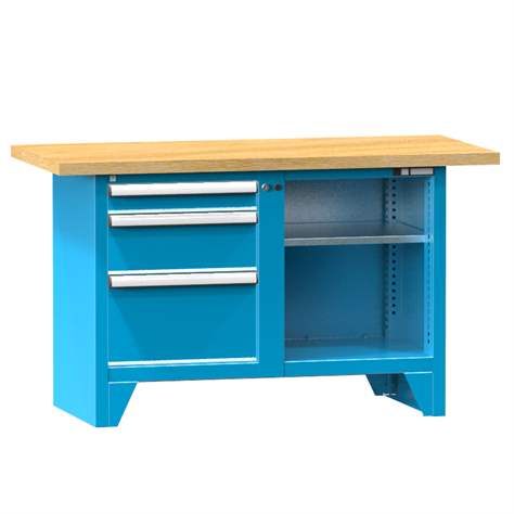 Werkbank, Buche Massiv-Arbeitsplatte 1500 x 700 mm, 3 x Schubladen, Farbe blau RAL5012 - Polak CZ, s.r.o.