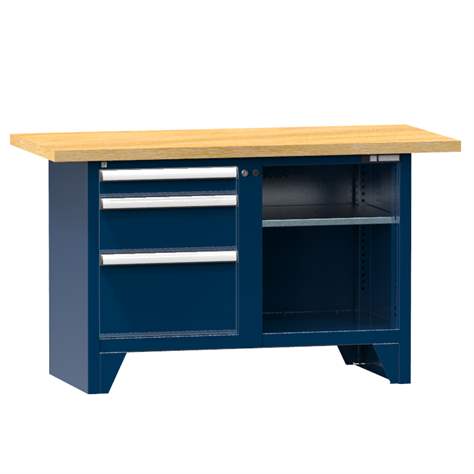 Werkbank, Buche Massiv-Arbeitsplatte 1500 x 700 mm, 3 x Schubladen, Farbe dunkelblau RAL5010 - Polak CZ, s.r.o.