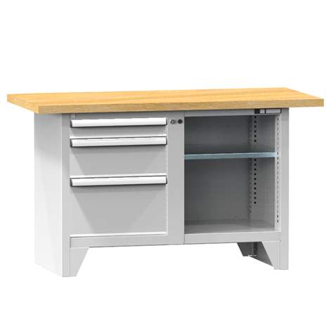 Werkbank, Buchen-Multiplex-Arbeitsplatte 1500 x 700 mm, 3 x Schubladen, Farbe grau RAL7035 - Polak CZ, s.r.o.