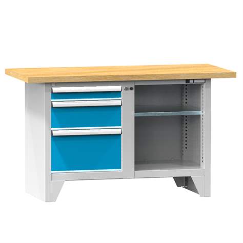 Werkbank, Buchen-Multiplex-Arbeitsplatte 1500 x 700 mm, 3 x Schubladen, Korpus Lichtgrau RAL7035/Türen Blau RAL5012 - Polak CZ, s.r.o.