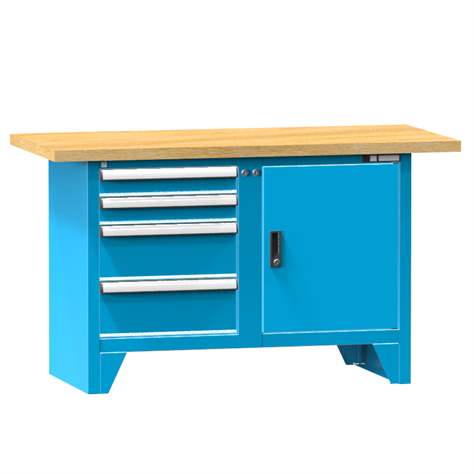 Werkbank, Buchen-Multiplex-Arbeitsplatte 1500 x 700 mm, 4 x Schubladen, 1 x Schränk, Farbe blau RAL5012 - Polak CZ, s.r.o.